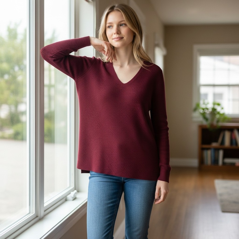 J. Jill Womens Burgundy Red Ribbed V-Neck Cotton Blend Pullover Sweater Small